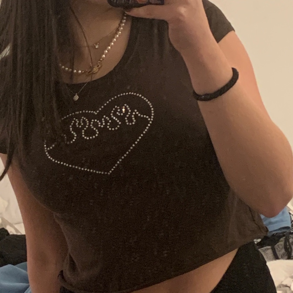 brown rhinestone heart crop tee